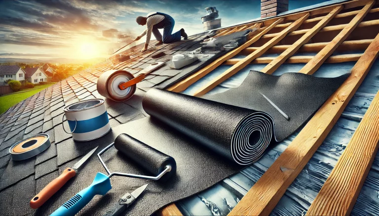 An oblong image depicting a roofing professional installing new black roofing felt over an old layer on a residential roof. The setting includes a cle