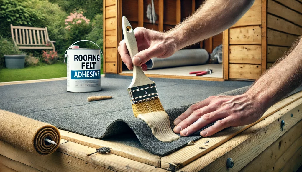 An oblong image showing a person applying roofing felt adhesive on a shed roof. The scene includes a disposable brush spreading the adhesive evenly on