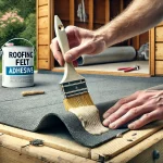 An oblong image showing a person applying roofing felt adhesive on a shed roof. The scene includes a disposable brush spreading the adhesive evenly on