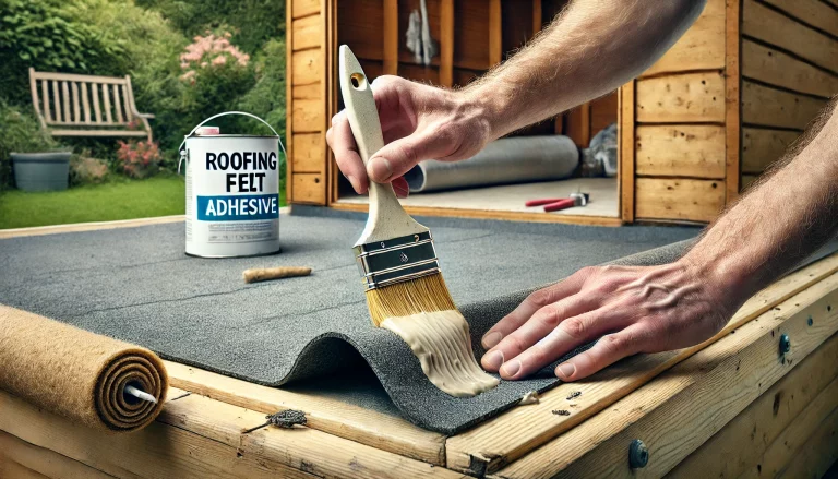 An oblong image showing a person applying roofing felt adhesive on a shed roof. The scene includes a disposable brush spreading the adhesive evenly on