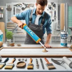 An oblong image showcasing a DIY enthusiast applying Stixall sealant to a surface, with various materials like metal, wood, and glass in the backgroun