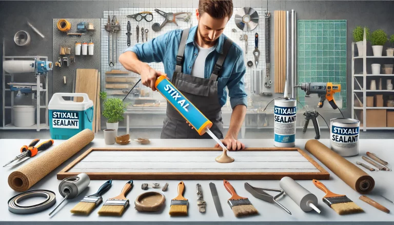 An oblong image showcasing a DIY enthusiast applying Stixall sealant to a surface, with various materials like metal, wood, and glass in the backgroun