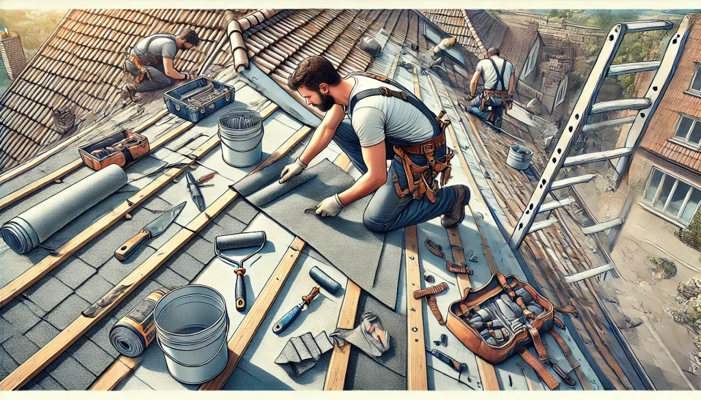 An oblong image showcasing a professional roofer refelting a roof. The scene includes the removal of old roof tiles, the application of new felt, and