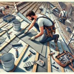 An oblong image showcasing a professional roofer refelting a roof. The scene includes the removal of old roof tiles, the application of new felt, and