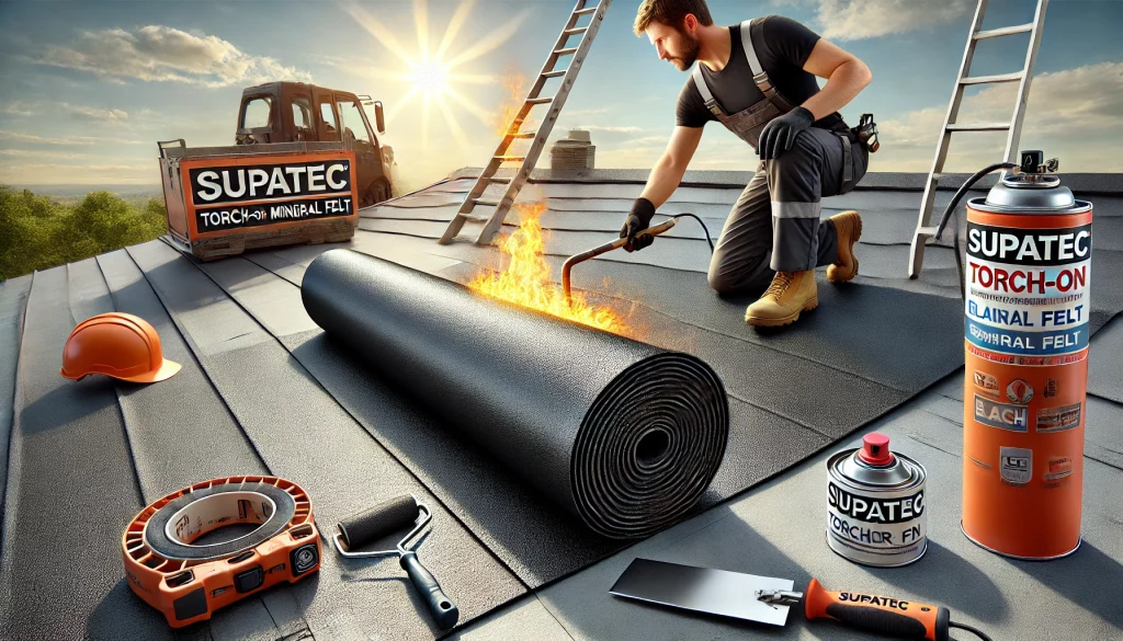 An oblong image showcasing a roll of SupaTec Torch-On Black Mineral Felt being applied to a flat roof using a torch-on method. The scene includes a pr