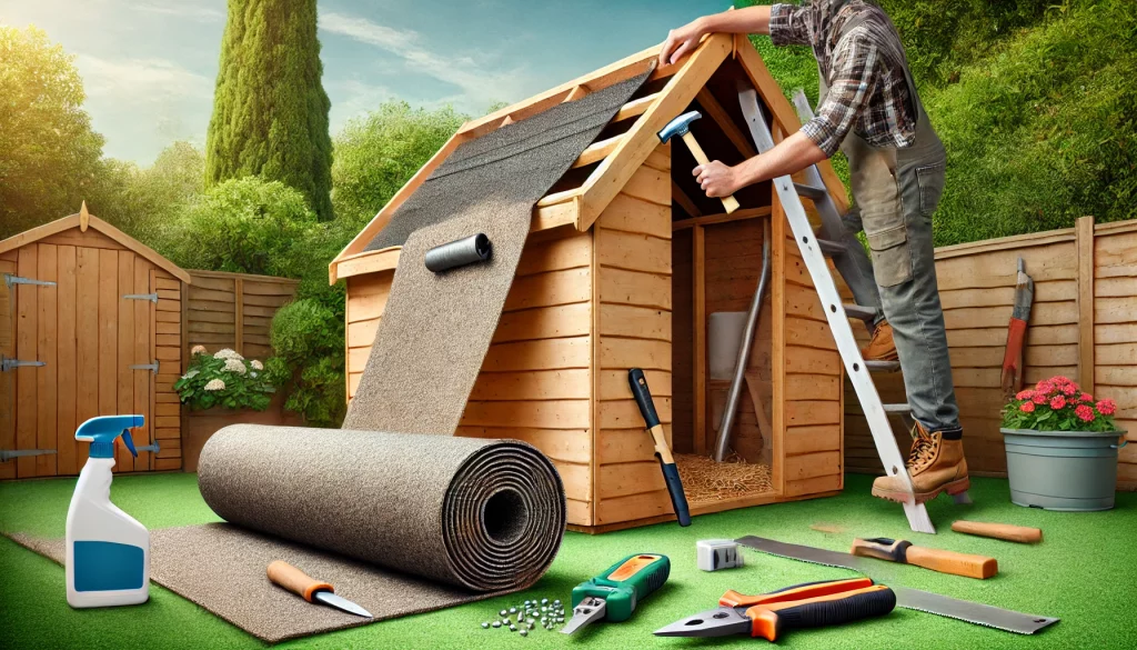 DALL·E 2024-12-15 23.18.14 - An oblong image showcasing a roll of shed felt being applied to a wooden garden shed roof. The scene includes a DIY enthusiast using a hammer to secur