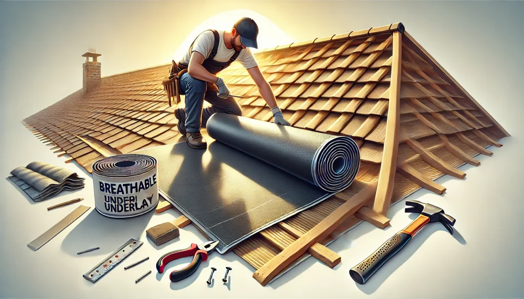 An oblong image showcasing a professional roofer installing breathable roofing underlay on a sloped roof. The underlay is being unrolled and secured w