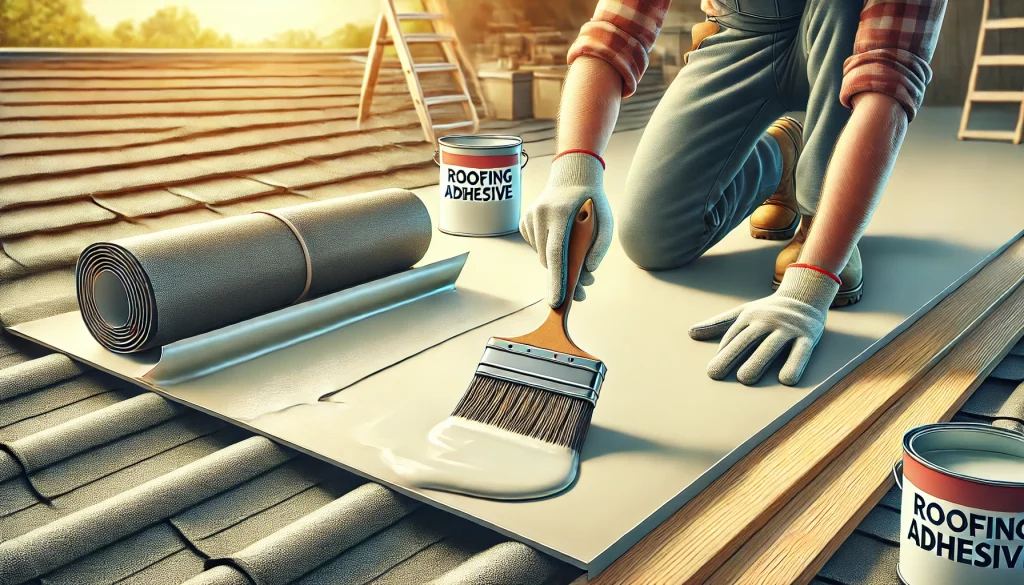 An oblong image showcasing a professional applying roofing adhesive to a flat roof. The scene includes a brush spreading the adhesive evenly on the su