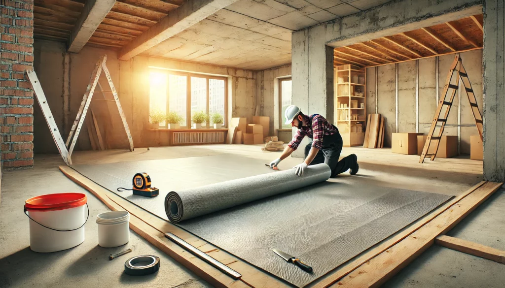 DALL·E 2024-12-16 07.08.58 - An oblong image showcasing a builder installing a damp proof membrane on a concrete floor in a residential building. The scene includes the membrane b