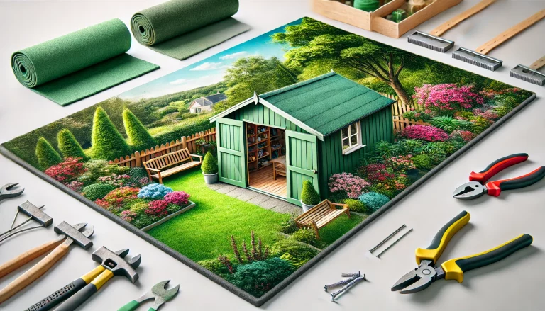 An oblong image showcasing a garden shed with newly installed green mineral shed felt. The shed is situated in a landscaped garden with blooming flowe