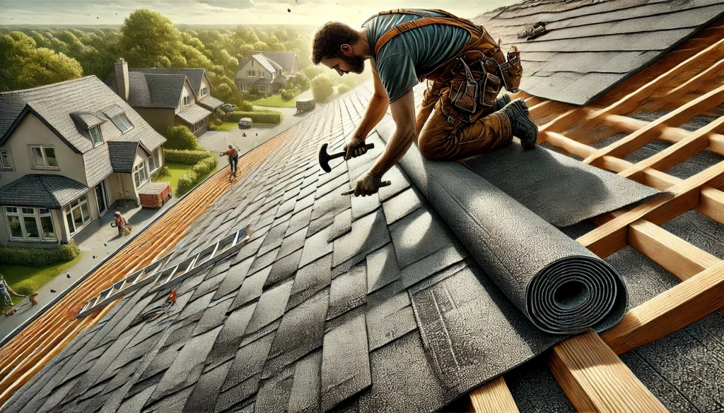 A detailed and realistic image of a worker installing roofing felt on a flat or slightly sloped roof under clear daylight. The scene shows the worker