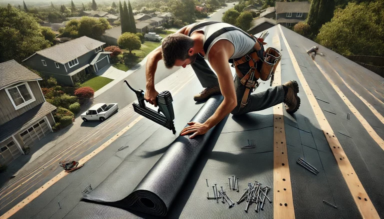 A detailed and realistic image of a worker on a roof installing roofing felt using both a staple gun and roofing nails. The worker is mid-action, hold