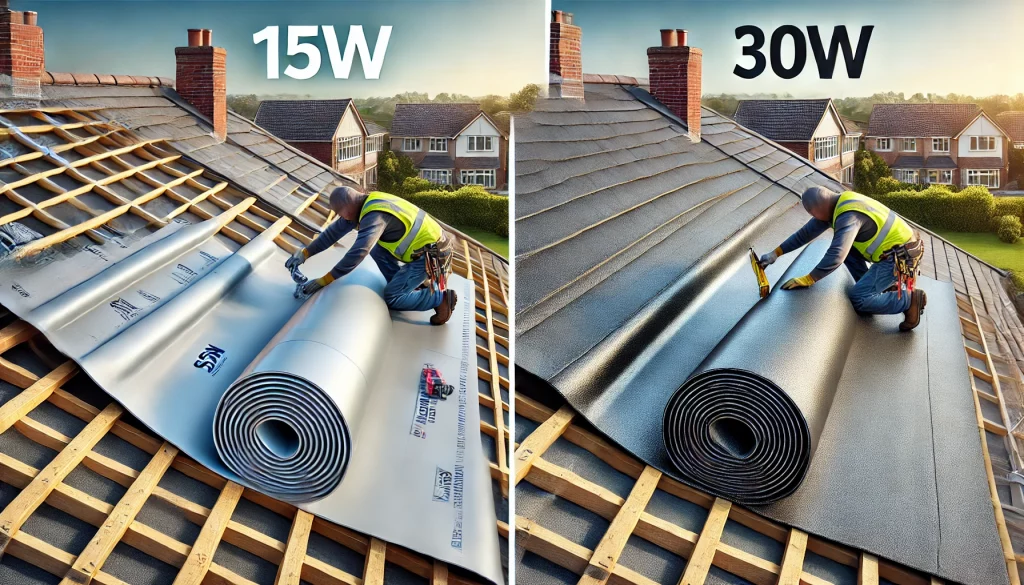 A detailed and realistic image comparing 15W and 30W roofing felt on a roof installation project. The image shows two sections of roofing felt being a