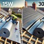 A detailed and realistic image comparing 15W and 30W roofing felt on a roof installation project. The image shows two sections of roofing felt being a