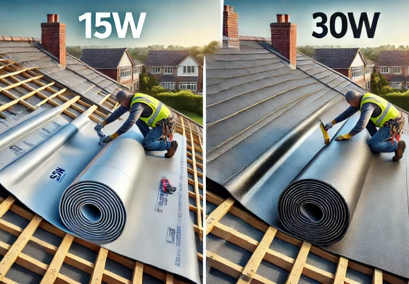 A detailed and realistic image comparing 15W and 30W roofing felt on a roof installation project. The image shows two sections of roofing felt being a