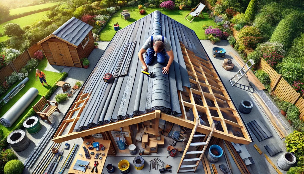 A highly detailed and realistic image of a professional worker installing roofing felt on a shed roof, highlighting precise overlaps. The roofing felt