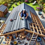 A highly detailed and realistic image of a professional worker installing roofing felt on a shed roof, highlighting precise overlaps. The roofing felt