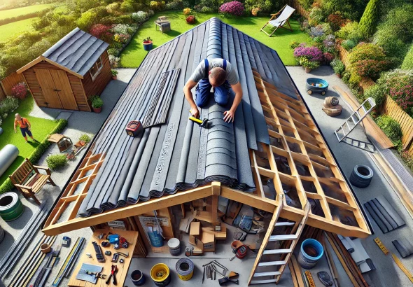 A highly detailed and realistic image of a professional worker installing roofing felt on a shed roof, highlighting precise overlaps. The roofing felt