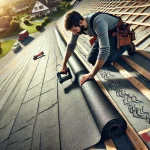 A detailed and realistic image of a worker installing roofing felt on a sloped roof, ensuring the felt is laid flat without wrinkles or overstretching