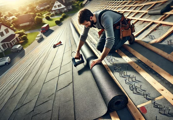 A detailed and realistic image of a worker installing roofing felt on a sloped roof, ensuring the felt is laid flat without wrinkles or overstretching