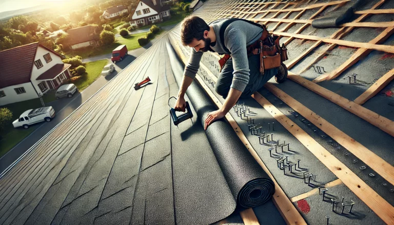 A detailed and realistic image of a worker installing roofing felt on a sloped roof, ensuring the felt is laid flat without wrinkles or overstretching