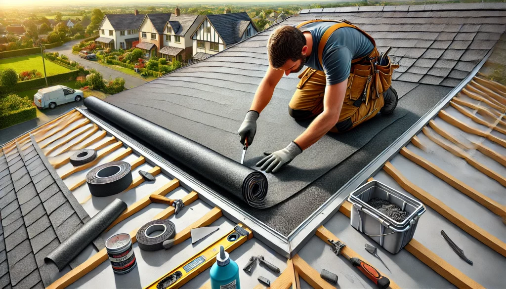 A detailed and realistic image of a worker folding roofing felt at a corner of a flat roof. The worker is wearing gloves and using a utility knife to