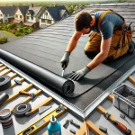 A detailed and realistic image of a worker folding roofing felt at a corner of a flat roof. The worker is wearing gloves and using a utility knife to