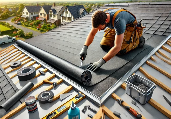 A detailed and realistic image of a worker folding roofing felt at a corner of a flat roof. The worker is wearing gloves and using a utility knife to